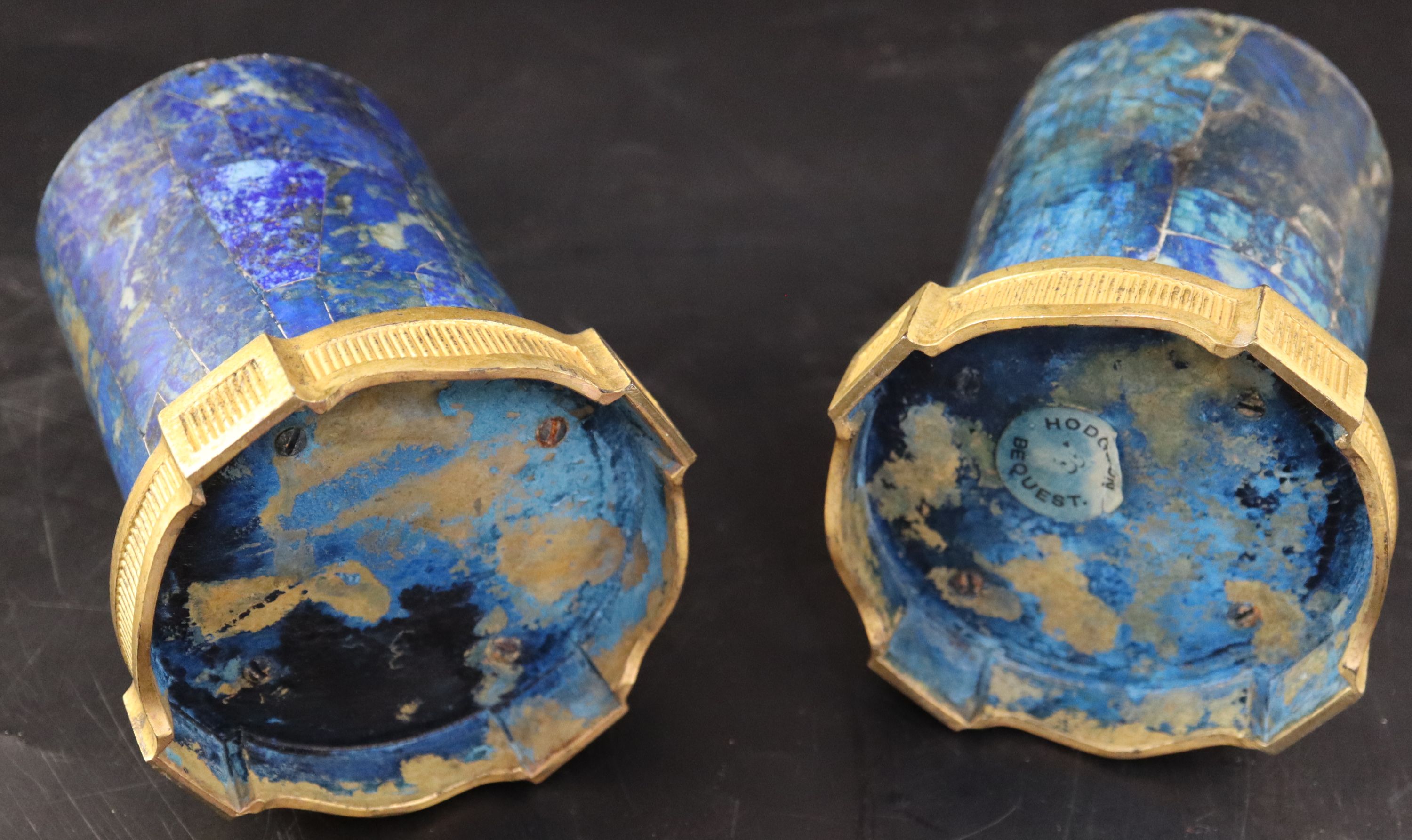 A pair of late 18th century ormolu mounted lapis lazuli socles, diameter 10cm height 12.5cm